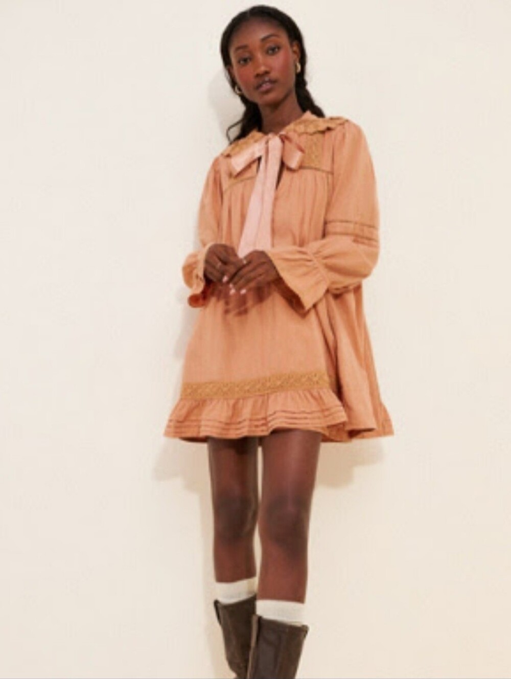 Free People Pleated Tie-Neck Mini Dress in PeachM